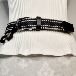 Mens Warehouse Navy And Gray Bungee Cord Belt Small Waist Black Leather Ends
